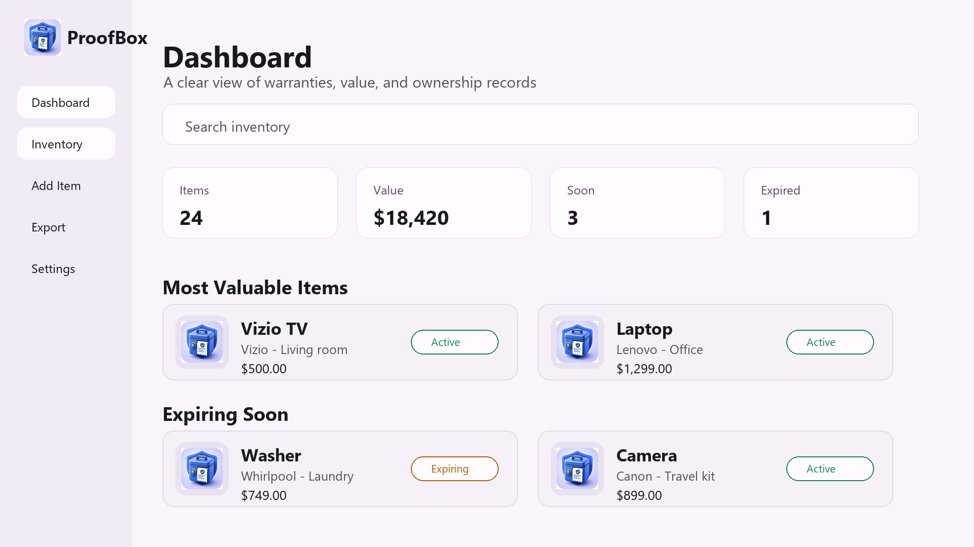ProofBox dashboard on a wide screen