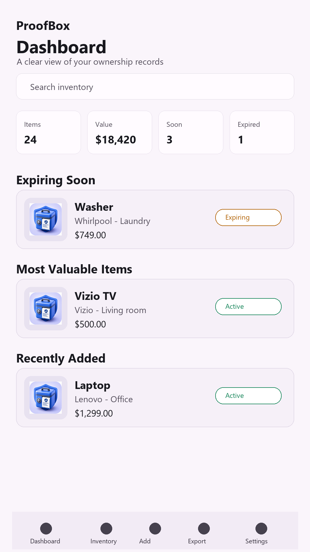 ProofBox dashboard screen