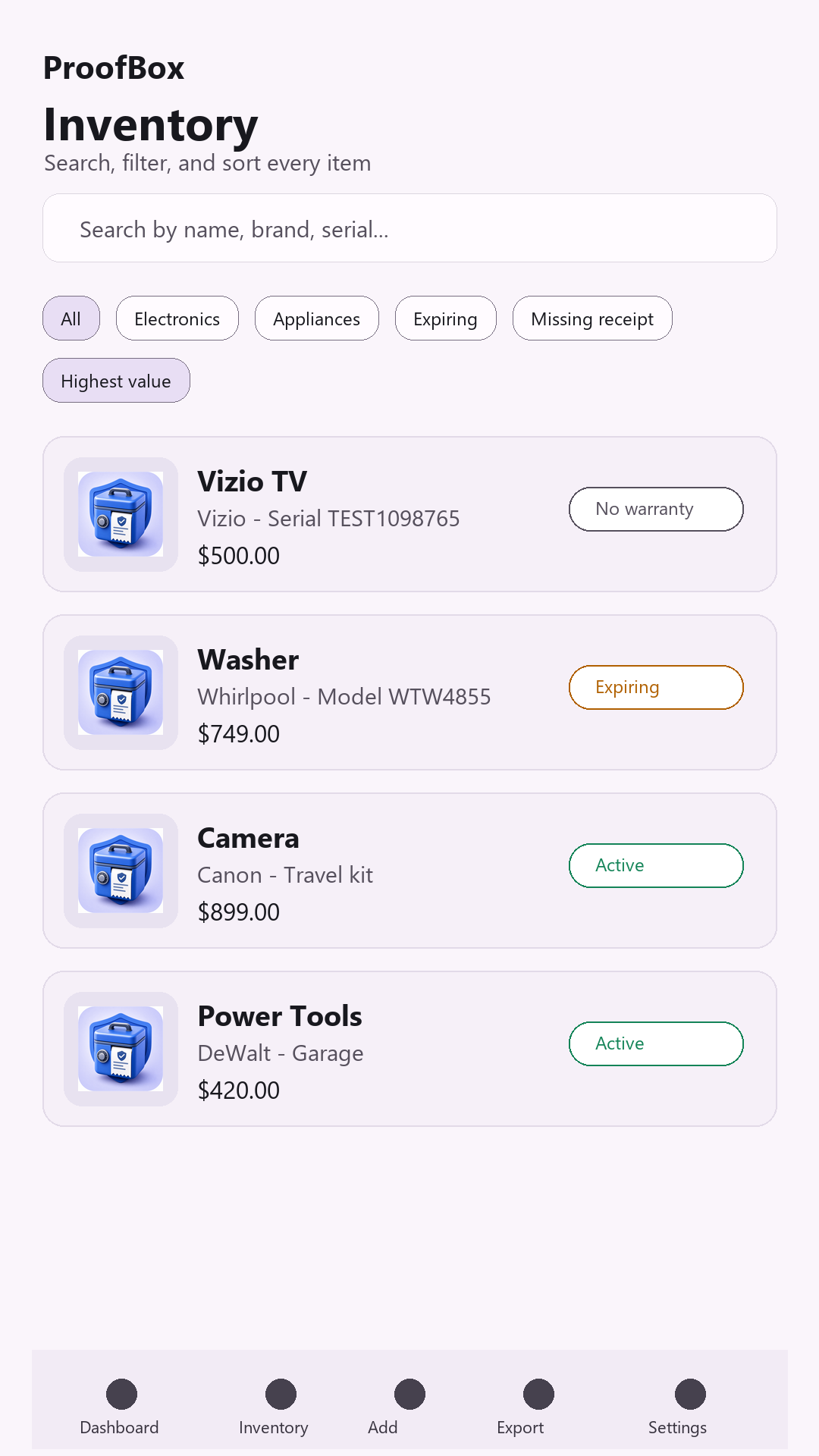 ProofBox inventory list screen