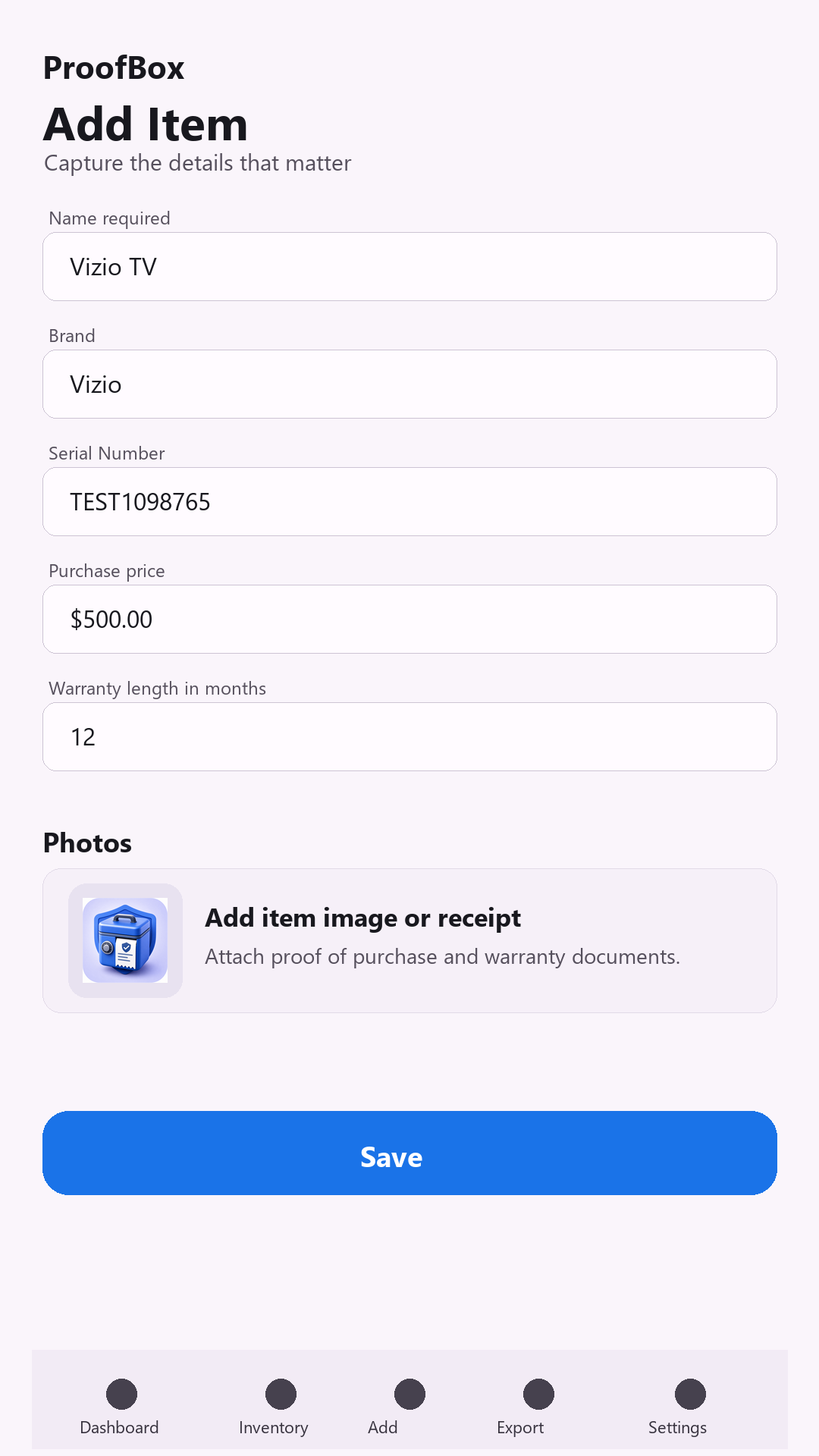 ProofBox add item form