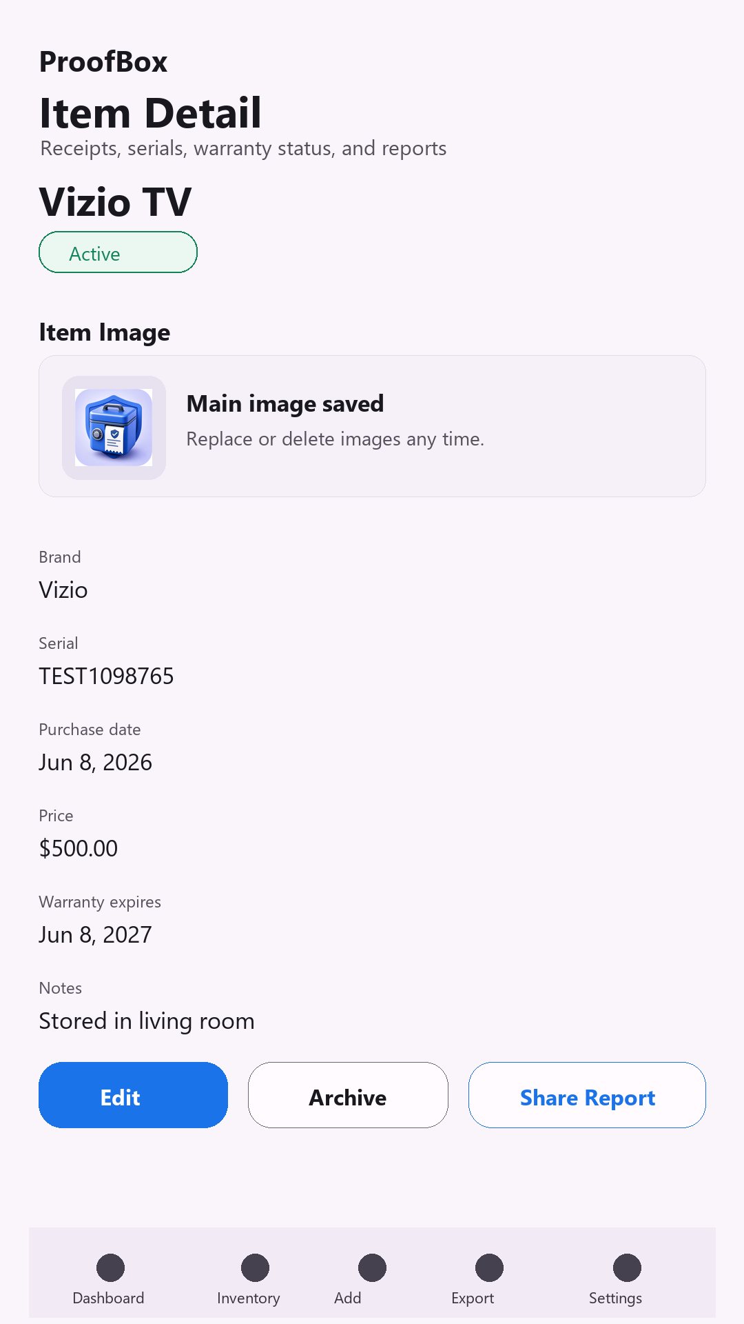 ProofBox item detail screen